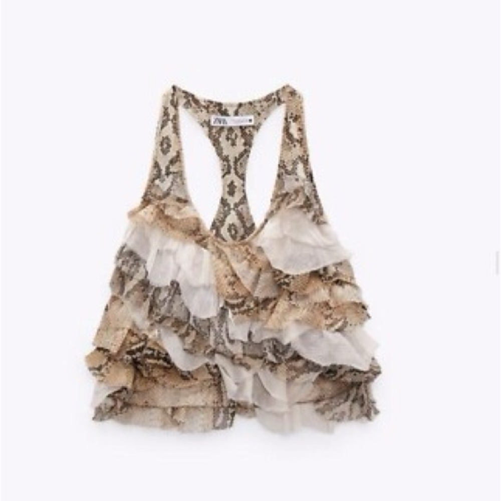 Zara Women's Snake Print Ruffle Tank Top - Brown and Cream